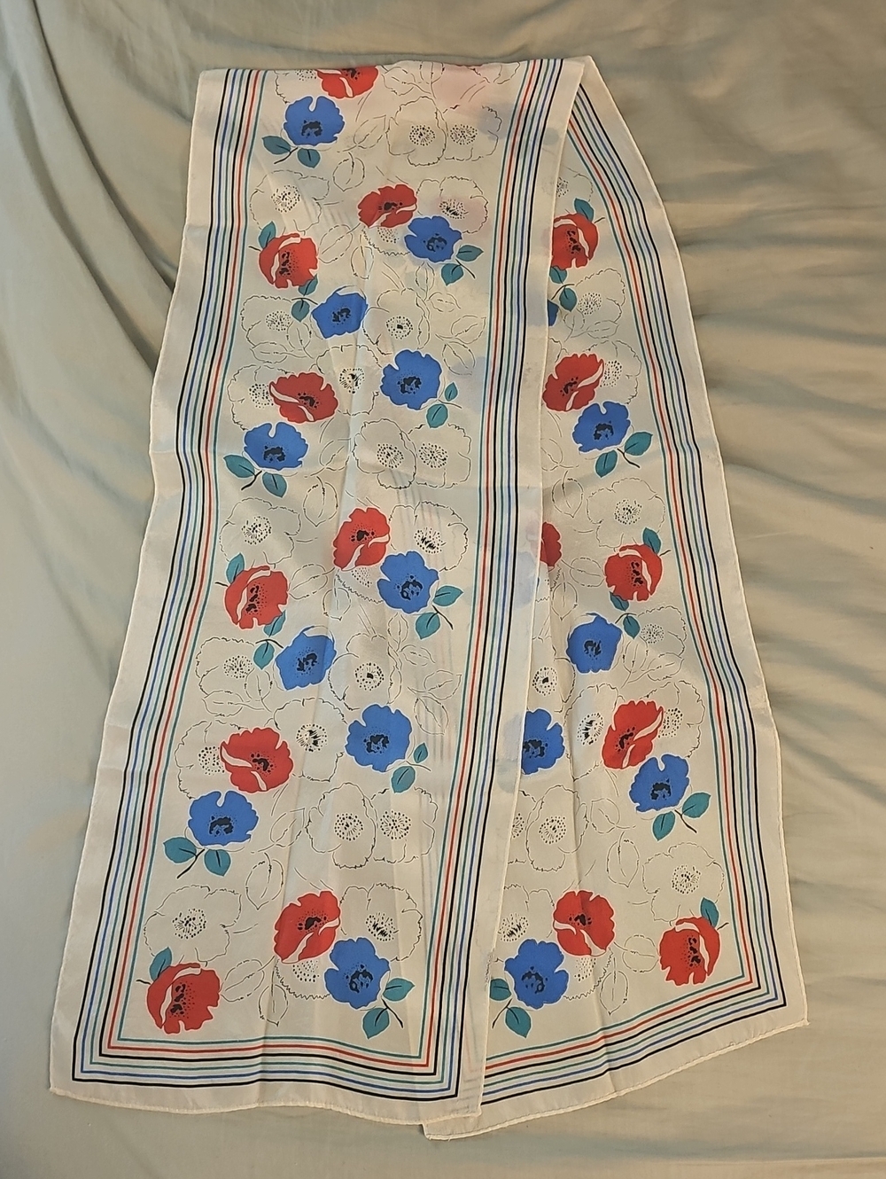 Vintage Silk Poppy Oblong Scarf Red White Blue Neckerchief